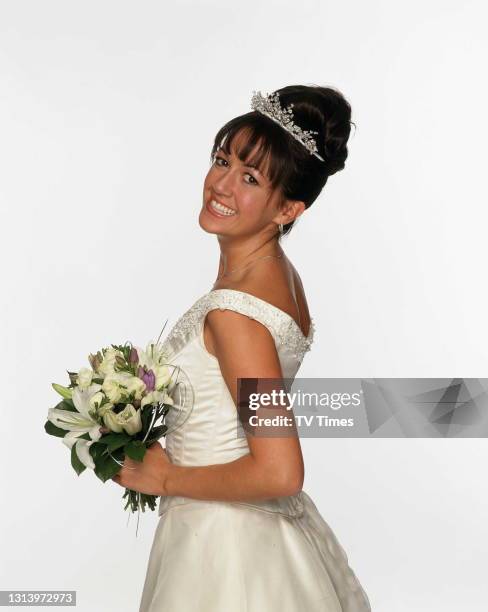 Emmerdale actress Sheree Murphy in character as Tricia Dingle wearing a wedding dress, circa 2002.