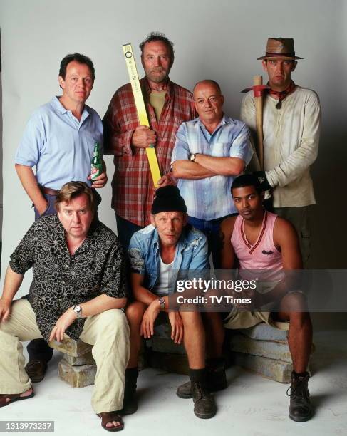 Auf Wiedersehen, Pet actors Jimmy Nail, Timothy Spall, Christopher Fairbank, Noel Clarke, Tim Healy, Kevin Whately and Pat Roach, circa 2004.