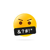 Yellow Angry Face Emoji. Obscene Language. Swearing or Vulgar Word on black bar. Bad Word and Behaviour. Swearing Emoticon icon. Emoji icon with Censored black bar. Vector illustration