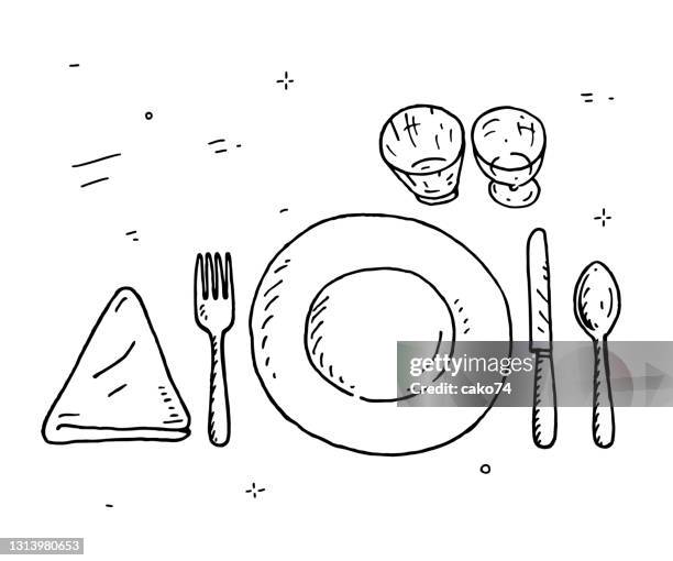 table setting hand drawn illustration - spoon stock illustrations
