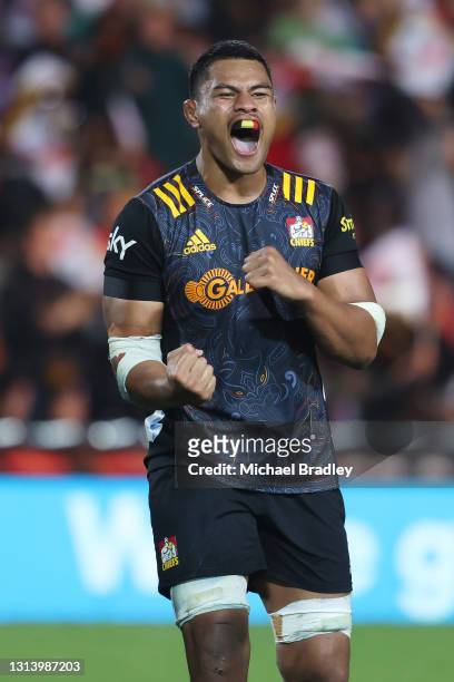 Tupou Vaa’i of the Chiefs celebrates their win during the round nine Super Rugby Aotearoa match between the Chiefs and the Hurricanes at FMG Stadium...