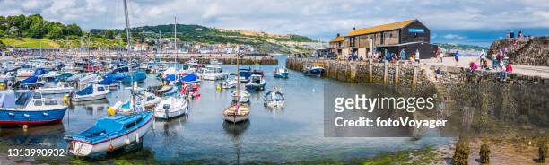 tourists in busy lyme regis harbour marina panorama dorset uk - ilfracombe stock pictures, royalty-free photos & images