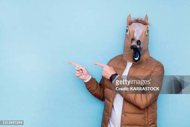 man with horse head and pointing fingers to the side. - horse humour stock pictures, royalty-free photos & images