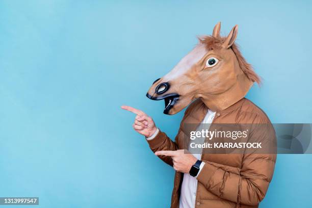 man with horse head and pointing fingers to the side. - masked musicians bildbanksfoton och bilder