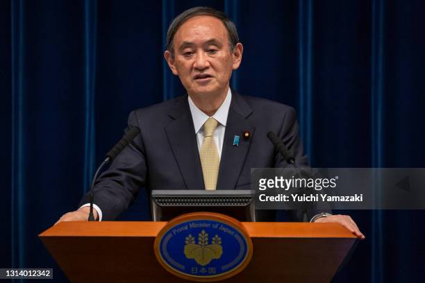 Japanese Prime Minister Yoshihide Suga speaks during a press conference on April 23, 2021 in Tokyo, Japan. Japanese Prime Minister Yoshihide Suga has...