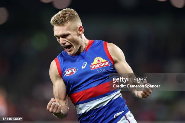 Adam Treloar of the Bulldogs celebrates kicking a goal during the round six AFL match between the Greater Western Sydney Giants and the Western...