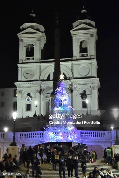 Lights and Christmas tree in piazza di Spagna and Palazzo di Valentino. Panoramic night photos of Rome. Rome , December 31st, 2018