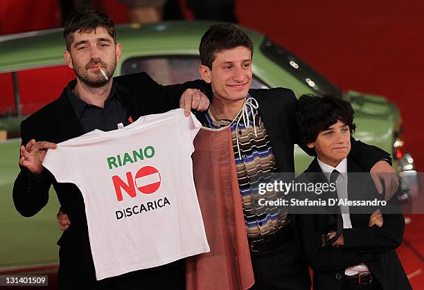 Actors Libero Di Rienzo, Vincenzo Nemolato and Luigi Catani attend "La Kryptonite Nella Borsa" Premiere during 6th International Rome Film Festival...