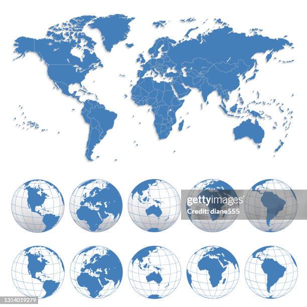 ilustrações de stock, clip art, desenhos animados e ícones de world map and globes set - américa do sul