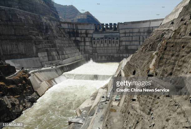 View of the construction site of the Baihetan hydropower station on April 22, 2021 in Zhaotong, Yunnan Province of China. Water storage has reached...