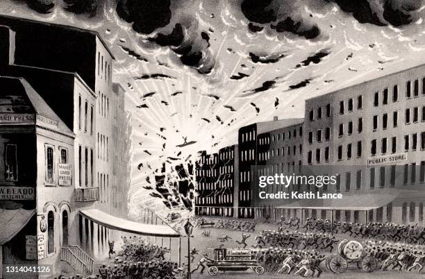 great new york city fire of 1845 - rubble explosion stock illustrations