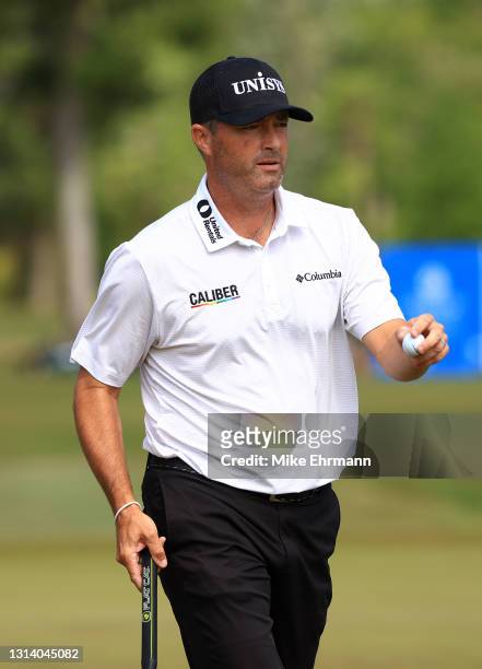 Ryan Palmer reacts to his putt on the 17th green during the second round of the Zurich Classic of New Orleans at TPC Louisiana on April 23, 2021 in...