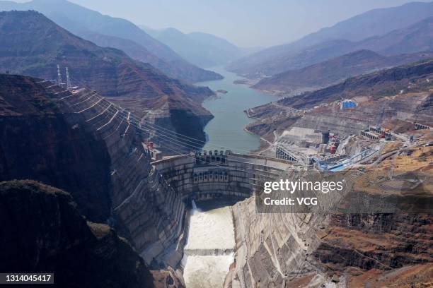 Aerial view of the construction site of the Baihetan hydropower station on April 22, 2021 in Zhaotong, Yunnan Province of China. Water storage has...
