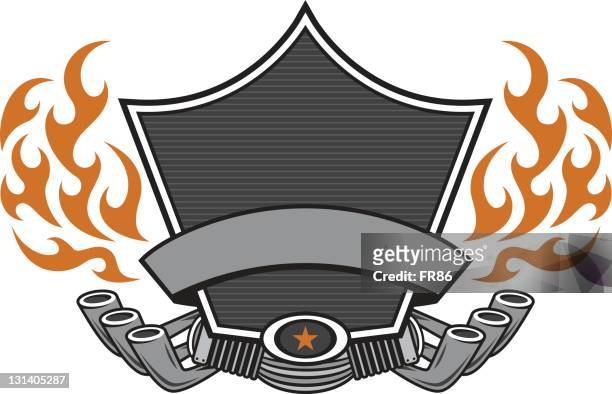biker shield - burning motorcycle stock illustrations