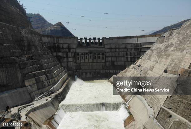 View of the construction site of the Baihetan hydropower station on April 22, 2021 in Zhaotong, Yunnan Province of China. Water storage has reached...