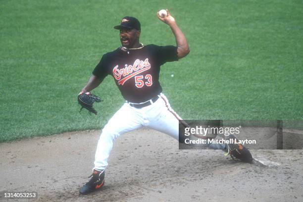 Arthur Rhodes.#53 of the Baltimore Orioles pitches during a baseball game against the Toronto Blue Jays on May 11, 1994 at Oriole Park at Camden...