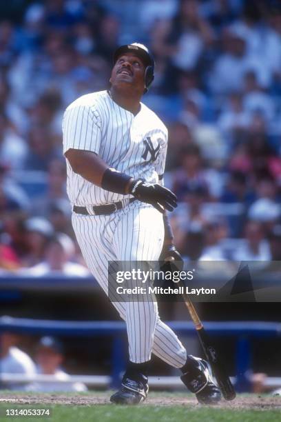 Cecil Fielder of the New York Yankees takes a swing during a baseball game against the Seattle Mariners on August 25, 1996 at Yankee Stadium in New...