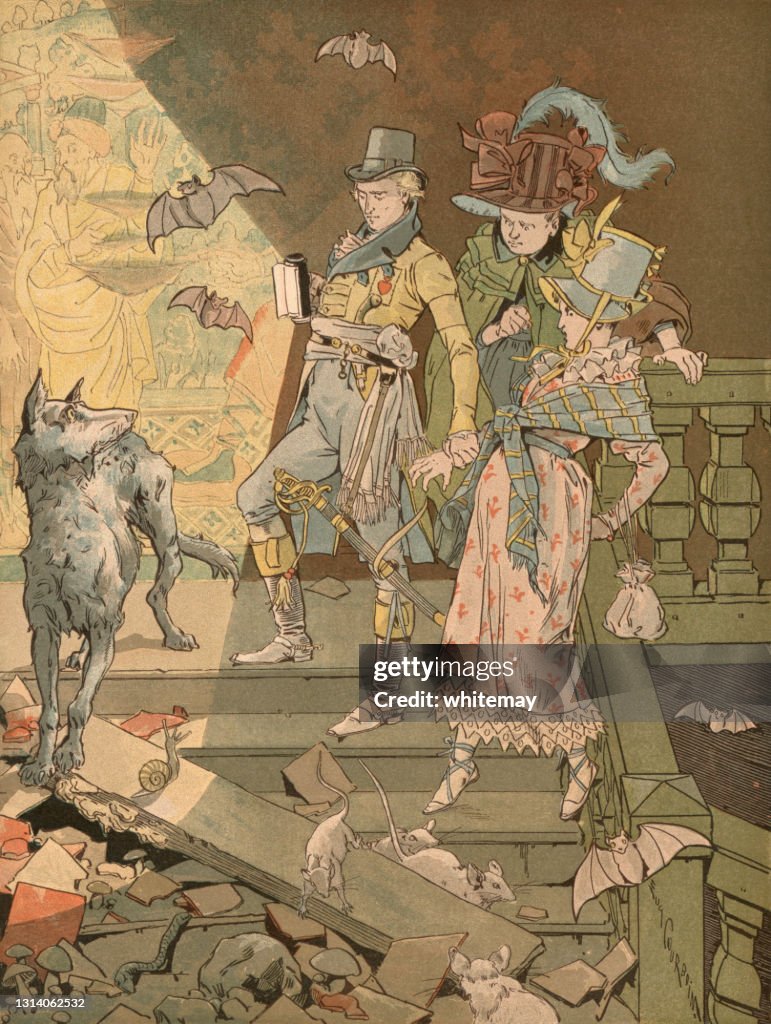 Frightened people in a ruined house