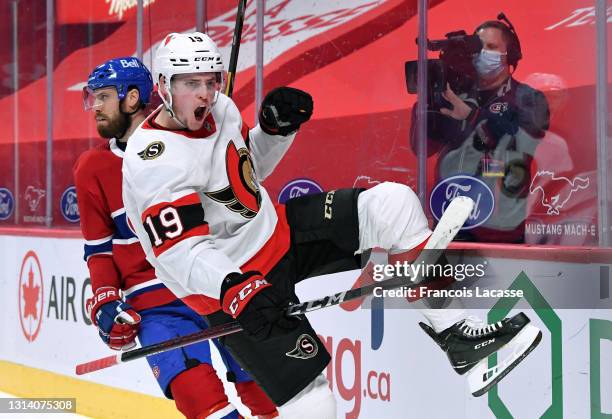 Drake Batherson of the Ottawa Senators celebrates after scoring a goal against the Montreal Canadiens in the NHL game at the Bell Centre on April 17,...