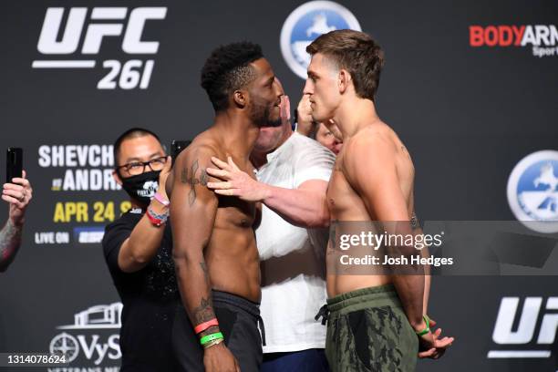 Karl Roberson and Brendan Allan face off during the ceremonial UFC 261 weigh-in at VyStar Veterans Memorial Arena on April 23, 2021 in Jacksonville,...