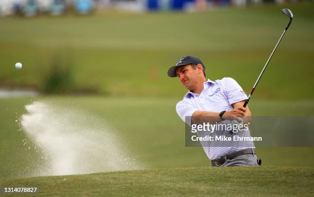 Brendon Todd plays a shot from a bunker on the 18th hole during the second round of the Zurich Classic of New Orleans at TPC Louisiana on April 23,...