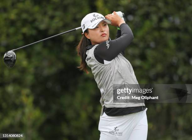 Jin Young Ko of South Korea plays her shot on the second tee during the third round of the HUGEL-AIR PREMIA LA Open held at Wilshire Country Club on...