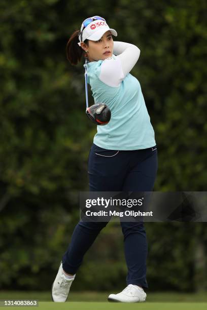 Moriya Jutanugarn of Thailand plays her shot on the second tee during the third round of the HUGEL-AIR PREMIA LA Open at Wilshire Country Club on...