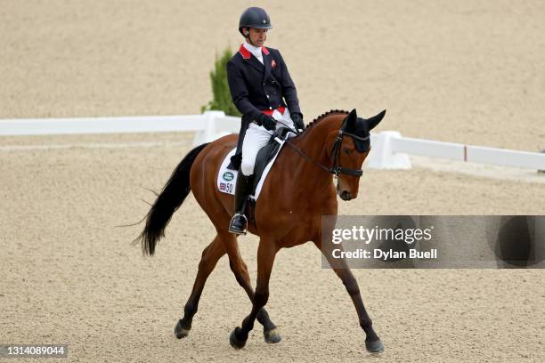 Harry Meade of Great Britain atop Superstition competes in the Dressage Phase during the Land Rover Kentucky Three-Day Event at Kentucky Horse Park...