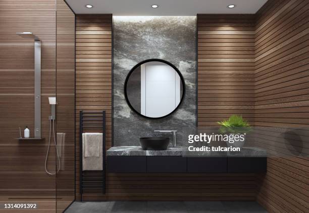 modern minimalist bathroom - domestic bathroom stock pictures, royalty-free photos & images