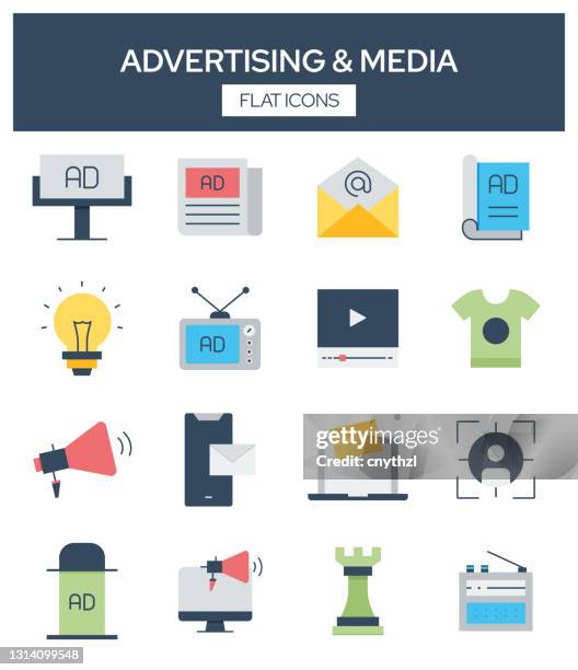 advertising and media related modern flat icons vector collection - multiple monitors stock illustrations