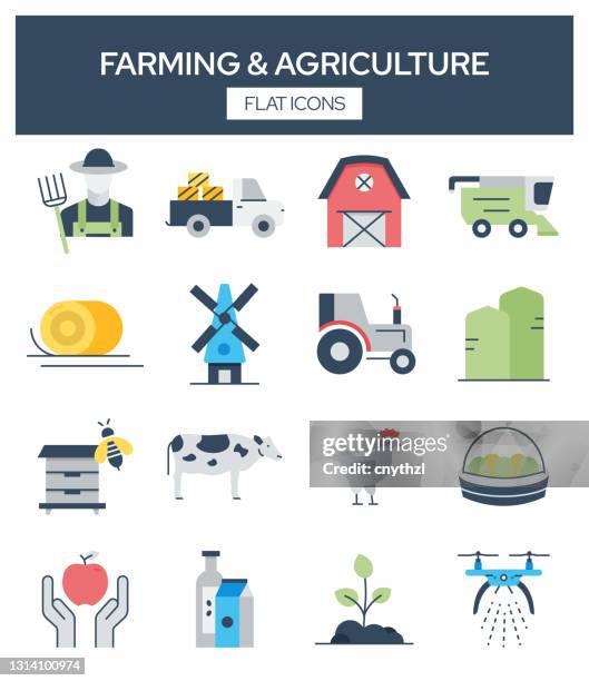 farming and agriculture related modern flat icons vector collection - empty barn stock illustrations