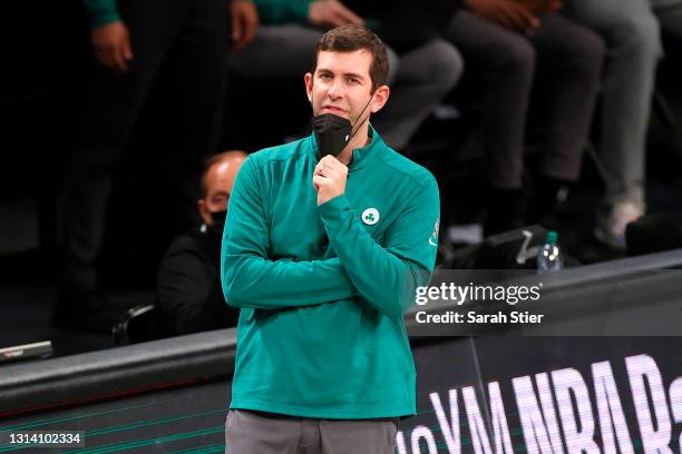 Head coach Brad Stevens of the Boston Celtics reacts during the first half against the Brooklyn Nets at Barclays Center on April 23, 2021 in the...