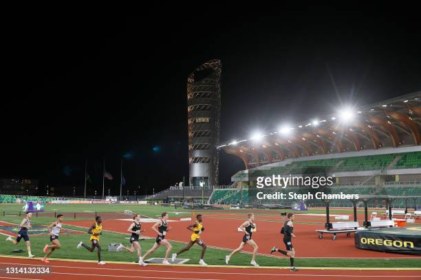 Men compete in the 5000 meter final during the Oregon Relays at Hayward Field on April 23, 2021 in Eugene, Oregon.