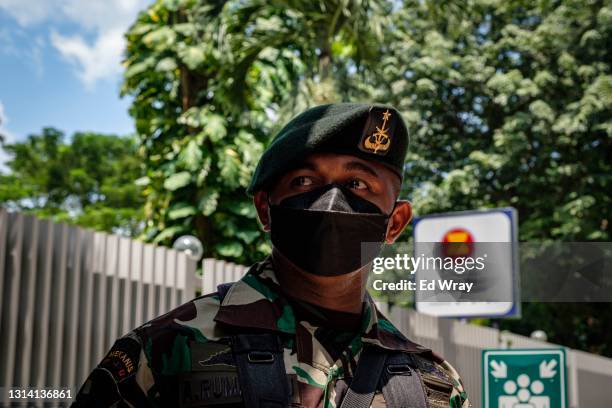 An Indonesian soldier guards the site of an ASEAN emergency meeting on Myanmar on April 24, 2021 in Jakarta, Indonesia. The leaders of Myanmar's...