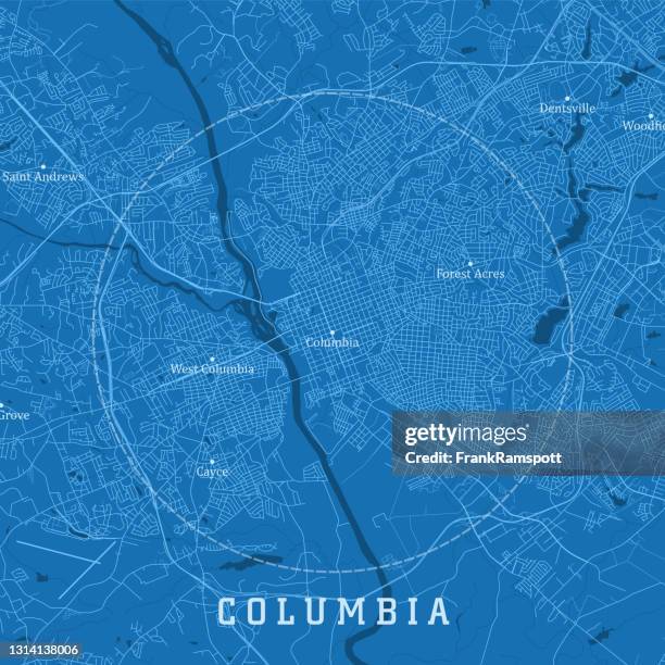 illustrazioni stock, clip art, cartoni animati e icone di tendenza di columbia sc city vector road map blue text - columbia