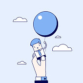 Businessman flying away with balloon but being hindered by businessman large hand. Cartoon character thin line style vector.