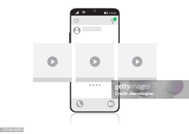 ilustraciones, imágenes clip art, dibujos animados e iconos de stock de pantalla de teléfono inteligente en el icono del reproductor de vídeo - e mail