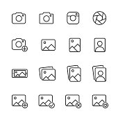 Vector image set of camera and photo line icons.