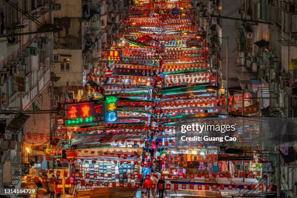 high angle view of night market, temple street,  hong kong - local high street stock pictures, royalty-free photos & images