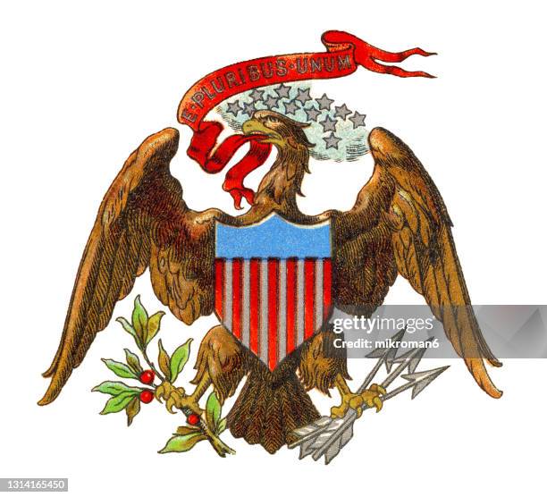 old engraved illustration of the coat of arms the great seal of the united states - eagles patriots stock pictures, royalty-free photos & images