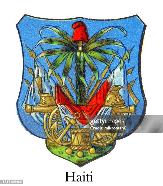 old engraved illustration of coat of arms of haiti - palmiers stockfoto's en -beelden