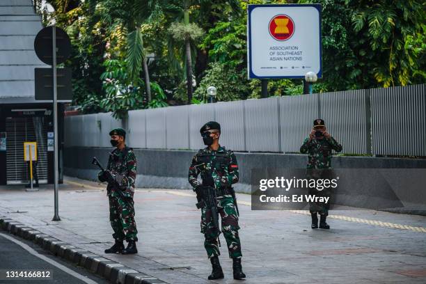 Indonesian soldiers guard the site of an ASEAN emergency meeting on Myanmar on April 24, 2021 in Jakarta, Indonesia. The leaders of Myanmar's...