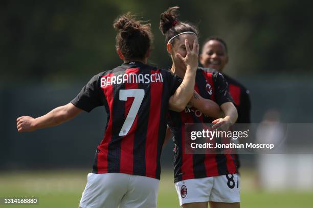 Veronica Boquete of AC Milan celebrates with team mates after scoring to give the side a 1-0 lead during the Women's Coppa Italia match between AC...