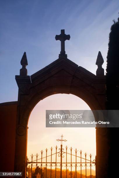ancient cemetery, monumental arch and cross, lugo province, galicia, spain. - evergreen cemetery stock pictures, royalty-free photos & images