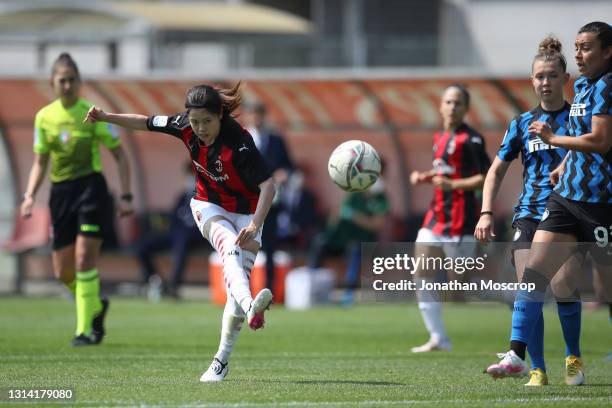 Yui Hasegawa of AC Milan shoots narrowly wide of the target during the Women's Coppa Italia match between AC Milan and FC Internazionale at Centro...