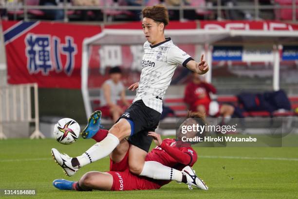 Ayase Ueda of Kashima Antlers scores his team's first goal during the J.League Meiji Yasuda J1 match between Kashima Antlers and Vissel Kobe at the...