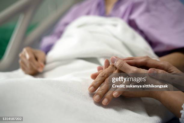 image of daughter holding the mother's hand and encourage while her mother sitting on bed in hospital. - malattia foto e immagini stock