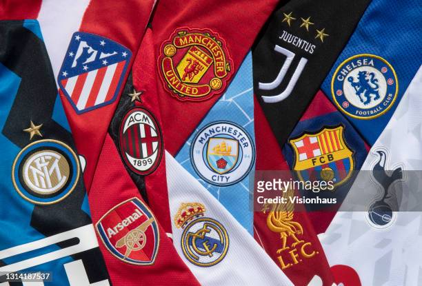The club badges on the home shirts of the twelve European Super League teams; Inter Milan, Atletico Madrid, AC Milan, Arsenal, Real Madrid,...