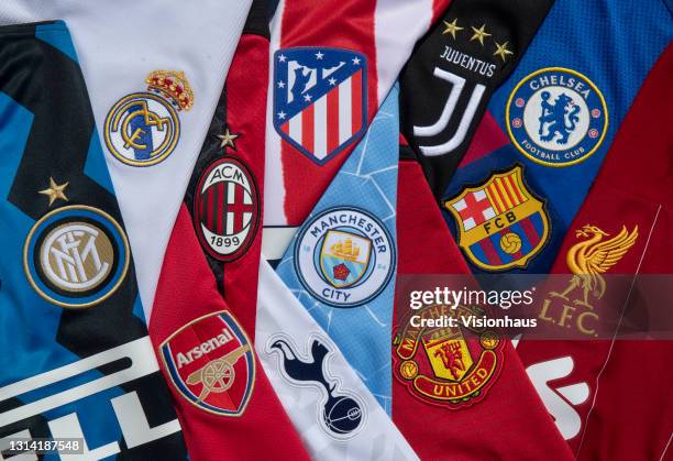 The club badges on the home shirts of the twelve European Super League teams; Inter Milan, Atletico Madrid, AC Milan, Arsenal, Real Madrid,...
