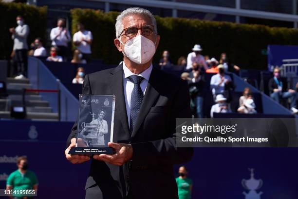 Manuel Orantes receives a tribute on day six of the Barcelona Open Banc Sabadell 2021 at Real Club De Tenis Barcelona on April 24, 2021 in Barcelona,...